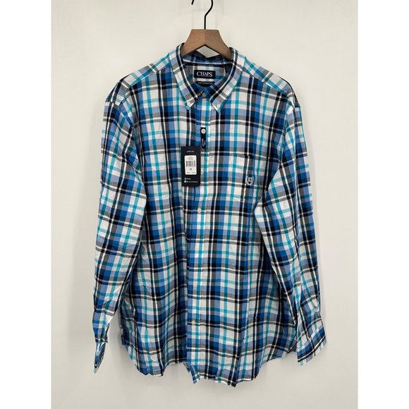 Chaps Performance Easy Care Twill Button Up Shirt Men XXL Blue White Plaid NWT - Picture 1 of 12